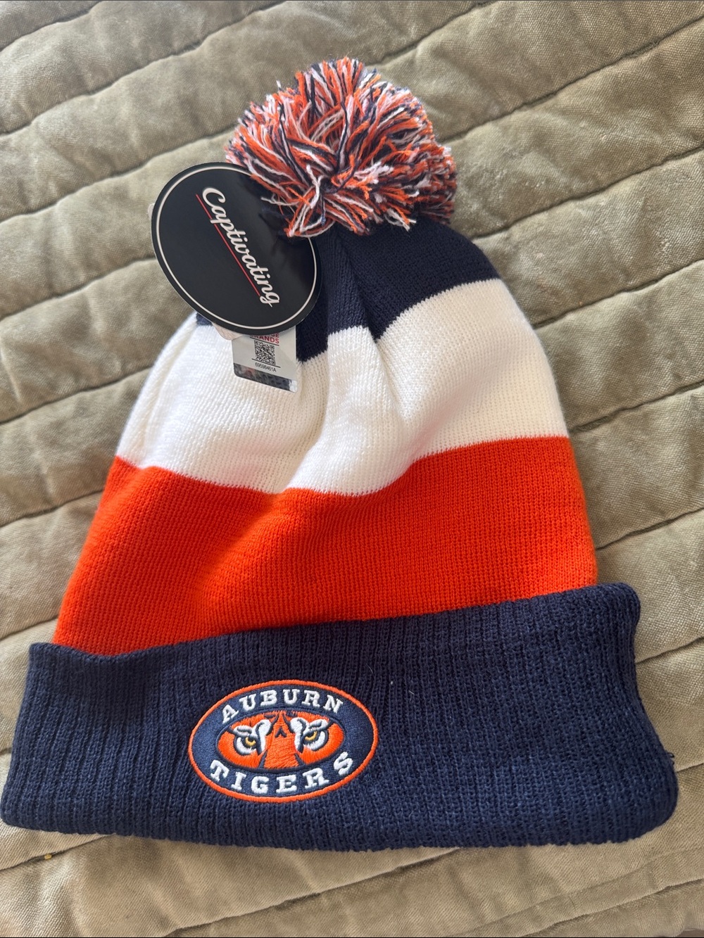 Auburn Tigers Pom Beanie - Navy/White/Orange